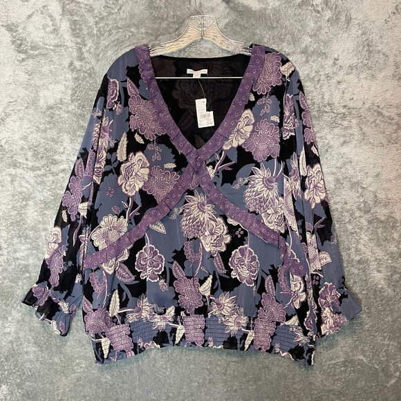 Cato Women Dark Floral Ruffle Relaxed Fit Long Sleeve Chiffon Top 22W Plus - Picture 1 of 14